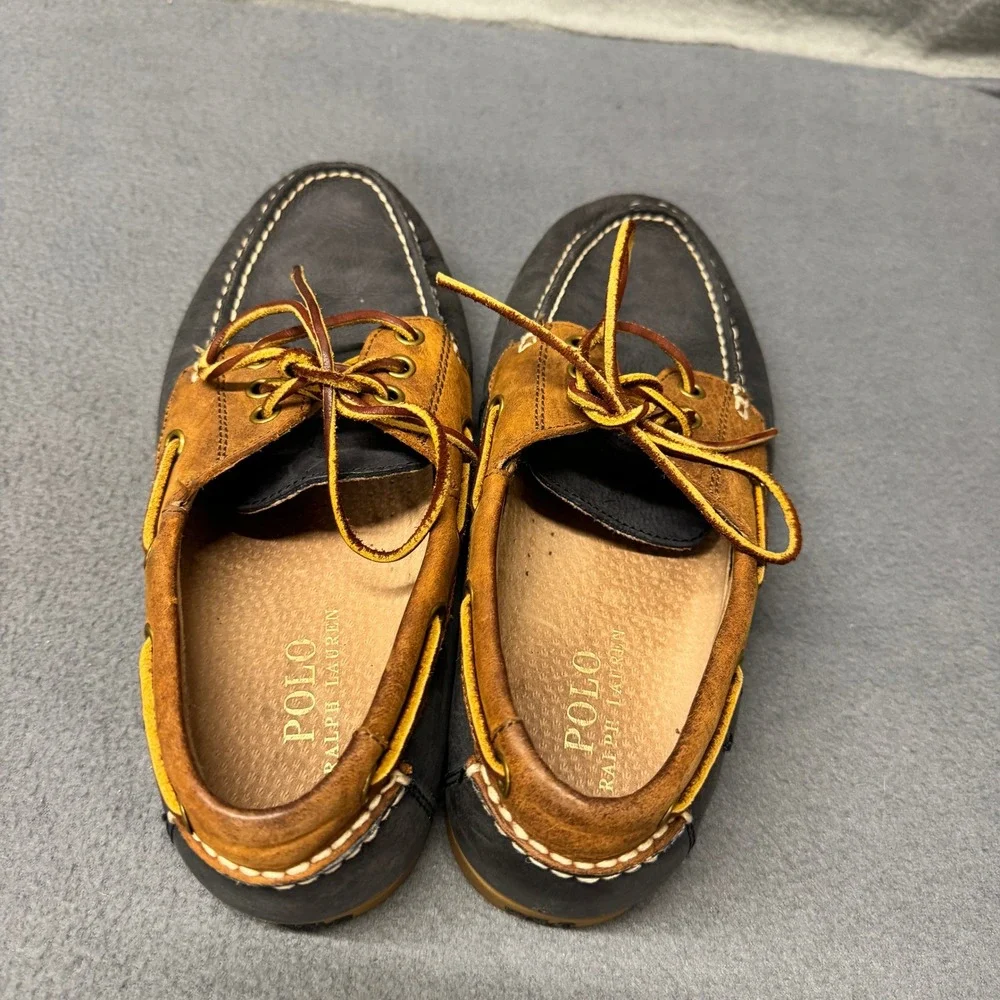 Polo Ralph Lauren Boat Shoes Mens 9 D Bienne II Navy Blue‎ Tan Leather Loafers